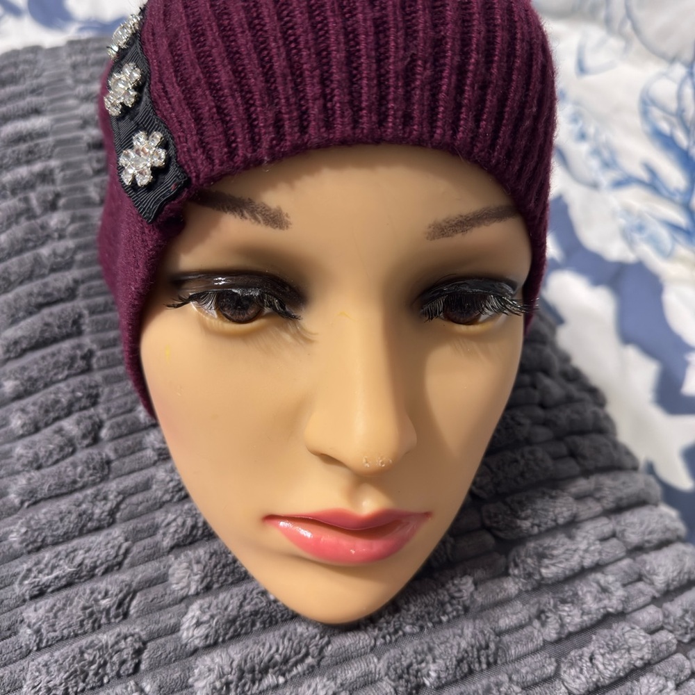 Elegant Burgundy Knit Headband with Floral Accents